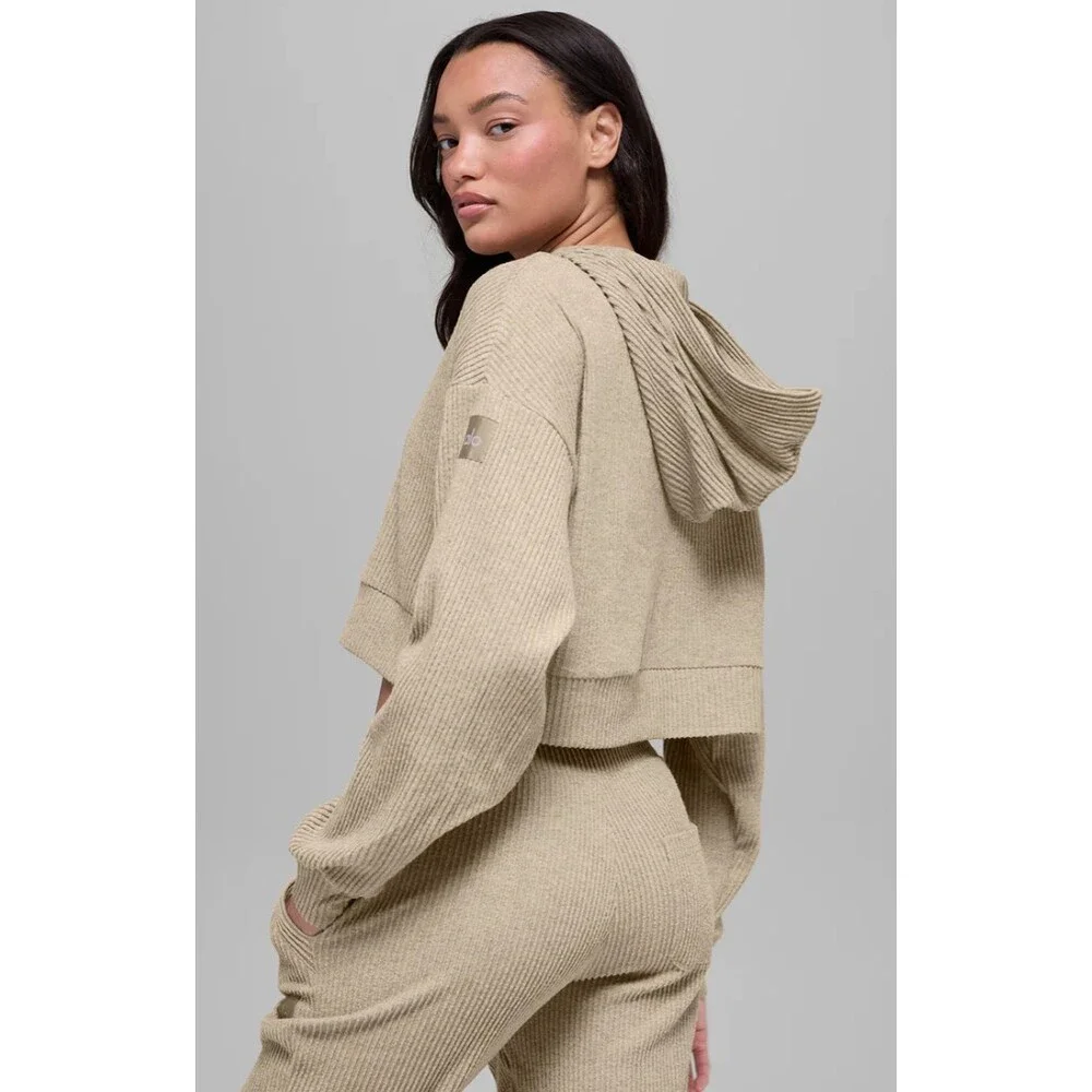 Alo Yoga Muse Hoodie in Gravel Size Small Cropped Ribbed